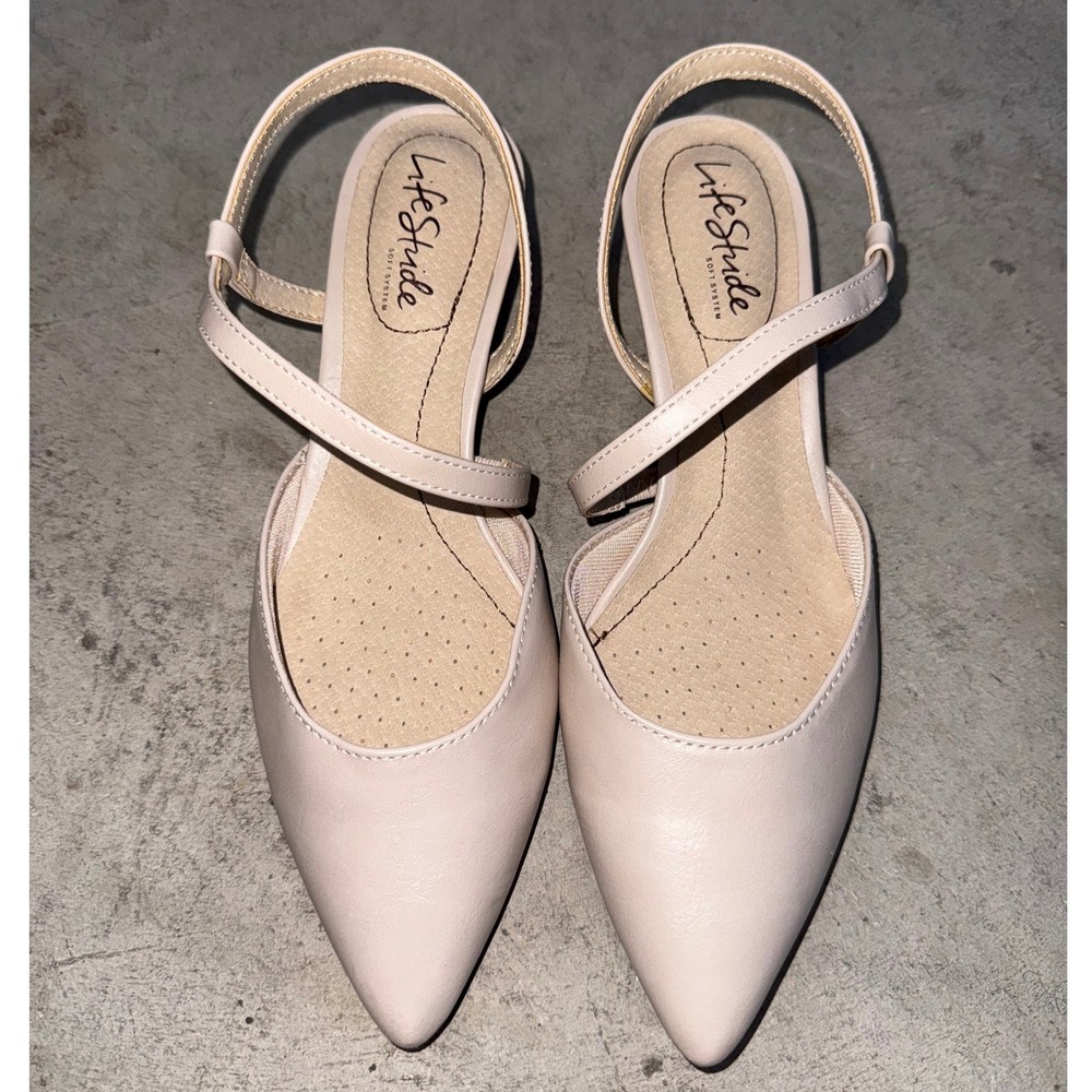 LifeStride Nude Minimalist Slingback Pump Womens 6.5 Asymmetric Strap Block Heel